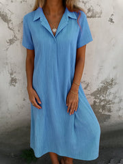 Women Plain Short Sleeve Summer Dress Shirt Collar Daily Casual Maxi A-Line Dress(Buy 2 Free Shipping)