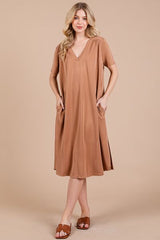 Ces Femme Side Slit Short Sleeve Midi Dress with Pockets
