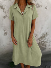 Women Plain Short Sleeve Summer Dress Shirt Collar Daily Casual Maxi A-Line Dress(Buy 2 Free Shipping)