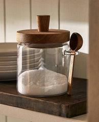 BOROSILICATE GLASS AND WOODEN SUGAR BOWL