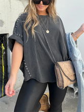 🔥Washed Roll Sleeve Studded Oversized Short Sleeve Top (Buy 2 Free Shipping)