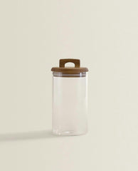 BOROSILICATE GLASS AND WOOD STORAGE JAR