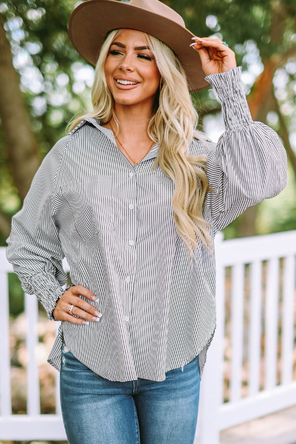 Mid-length Shirt With Striped Lapel and Oversized Drawdown Sleeves