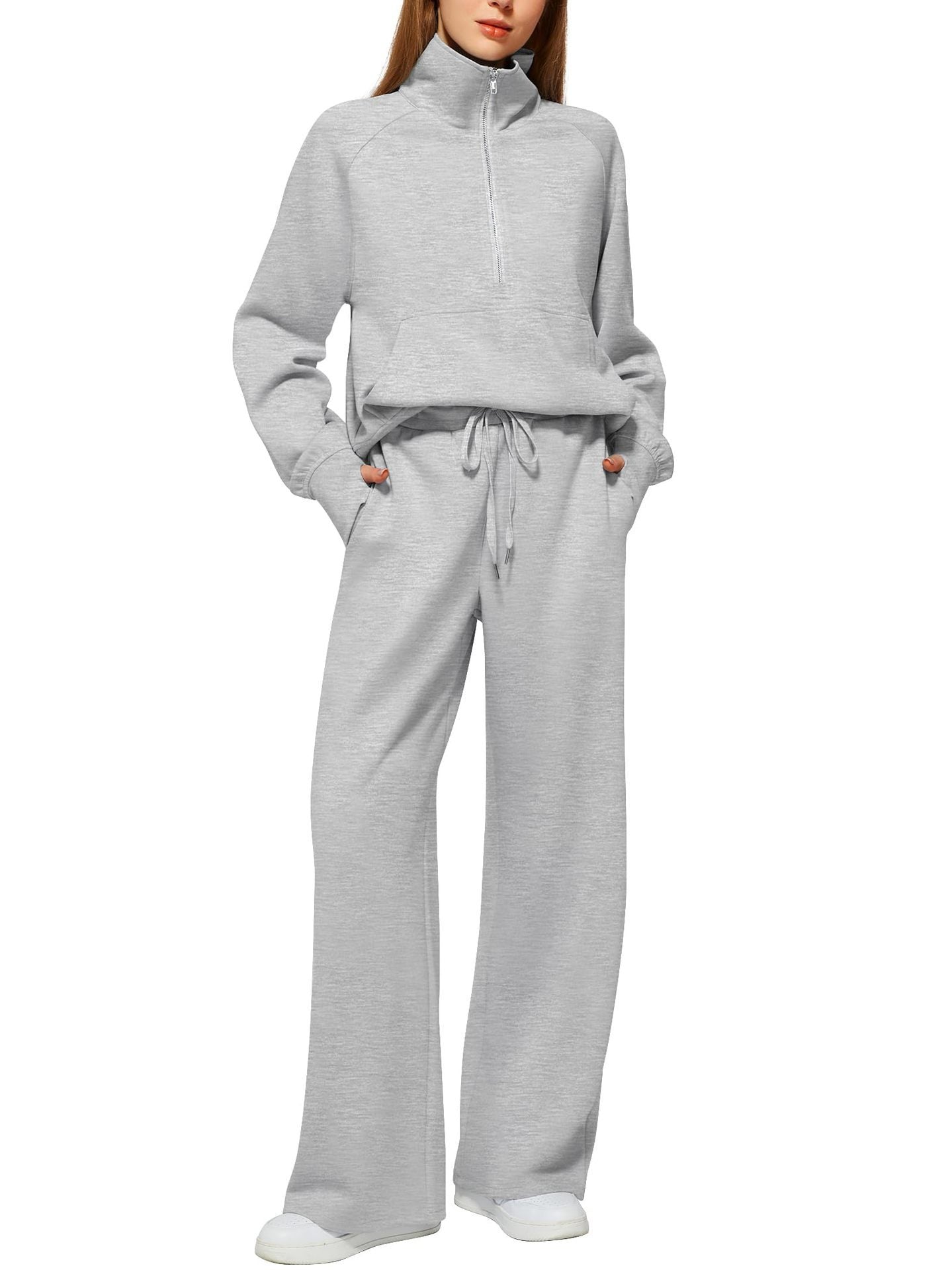 CLEARANCE SALE🔥 Women's Solid Color Cotton Half Zip Two-Piece Set